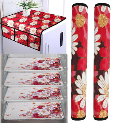 WISHLAND Single Door Fridge Cover Combo Set pf 1 Fridge Top Cover + 2 Fridge Handle Cover + 4 Multipurpose Fridge Mats (Red)