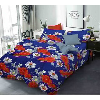 BLACK BEE  Blue bedsheet with red and grey flower print
double bedsheet with 2 Pillow Covers (208 X 213 cm)(BS-07)
