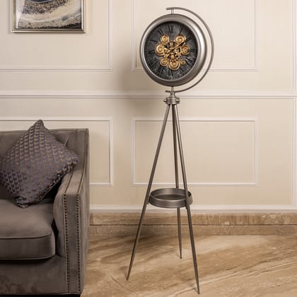 Polaris Mechanica Tripod Base Luxury Designer Standing Clock With Moving Gear Mechanism (Steel Body)-Available / Steel & Glass / Height - 63 Inches & Width - 15.5 Inches