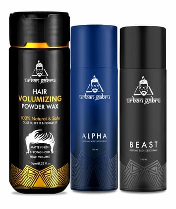 Urbangabru Hair Volumizing Powder 10 GM  Alpha and Beast Deodorant for men - 300 ML - Mens Grooming Combo Kit-Urbangabru Hair Volumizing Powder 10 GM & Alpha and Beast Deodorant for men - (300 ML