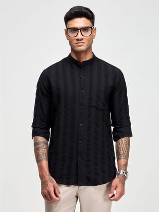 Seersucker Band Collar Shirt-M/38 / Black