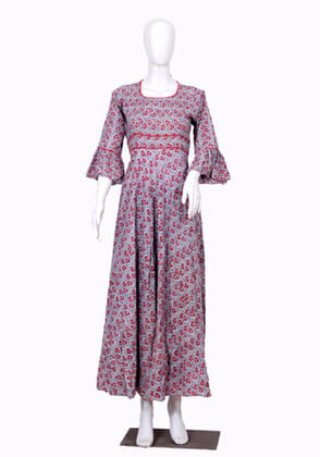 Grey and Red Block Printed Long Dress-L