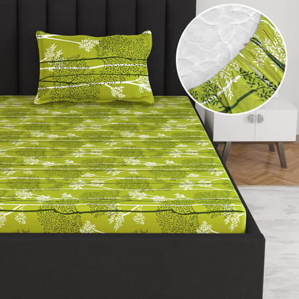 Green Leaflet Elastic Fitted Bedsheet For Single Bed-Single / Green / ME1148-FSB