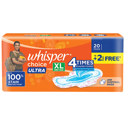 Whisper Choice Ultra Sanitary Pad - Xl, 20 Pcs (Get 2 Pads Free)