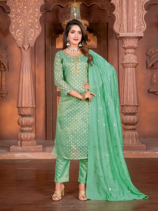 Silk Embroidered Straight Kurti with Pant and Dupatta-Green / 2XL