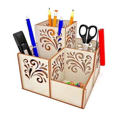 AmericanElm Decorative Design Handmade Traditional Storage Organizer Wooden Pen and Pencil Holder for Office-6.7X6.7X5.9 IN