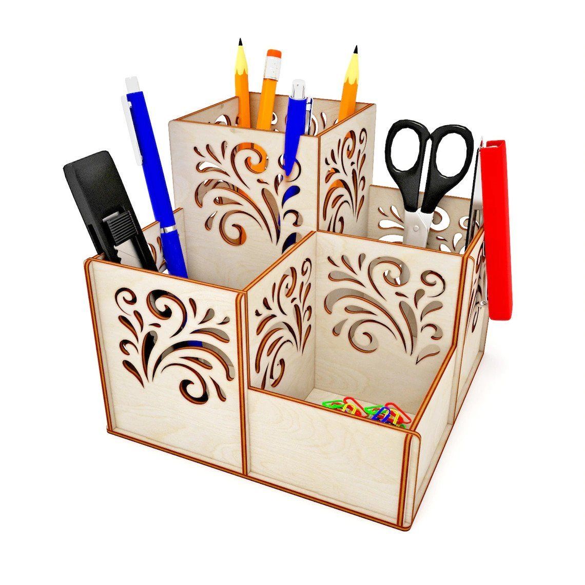 AmericanElm Decorative Design Handmade Traditional Storage Organizer Wooden Pen and Pencil Holder for Office-6.7X6.7X5.9 IN