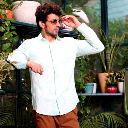 French Marigold Artic Blue Casual Pure Linen Full Shirt (Size - S) by BLUE EAGLE