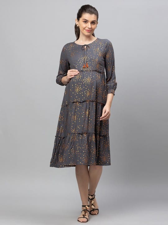 Grey Tie-Up Neck Maternity Midi Dress