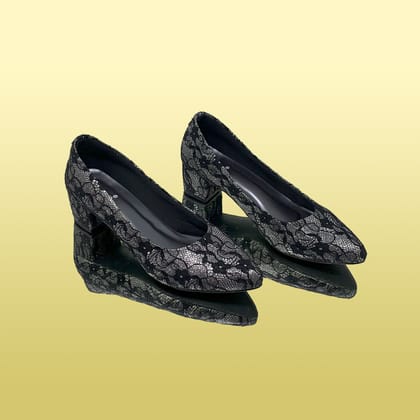 Black Lace Block Heels-Black / 36