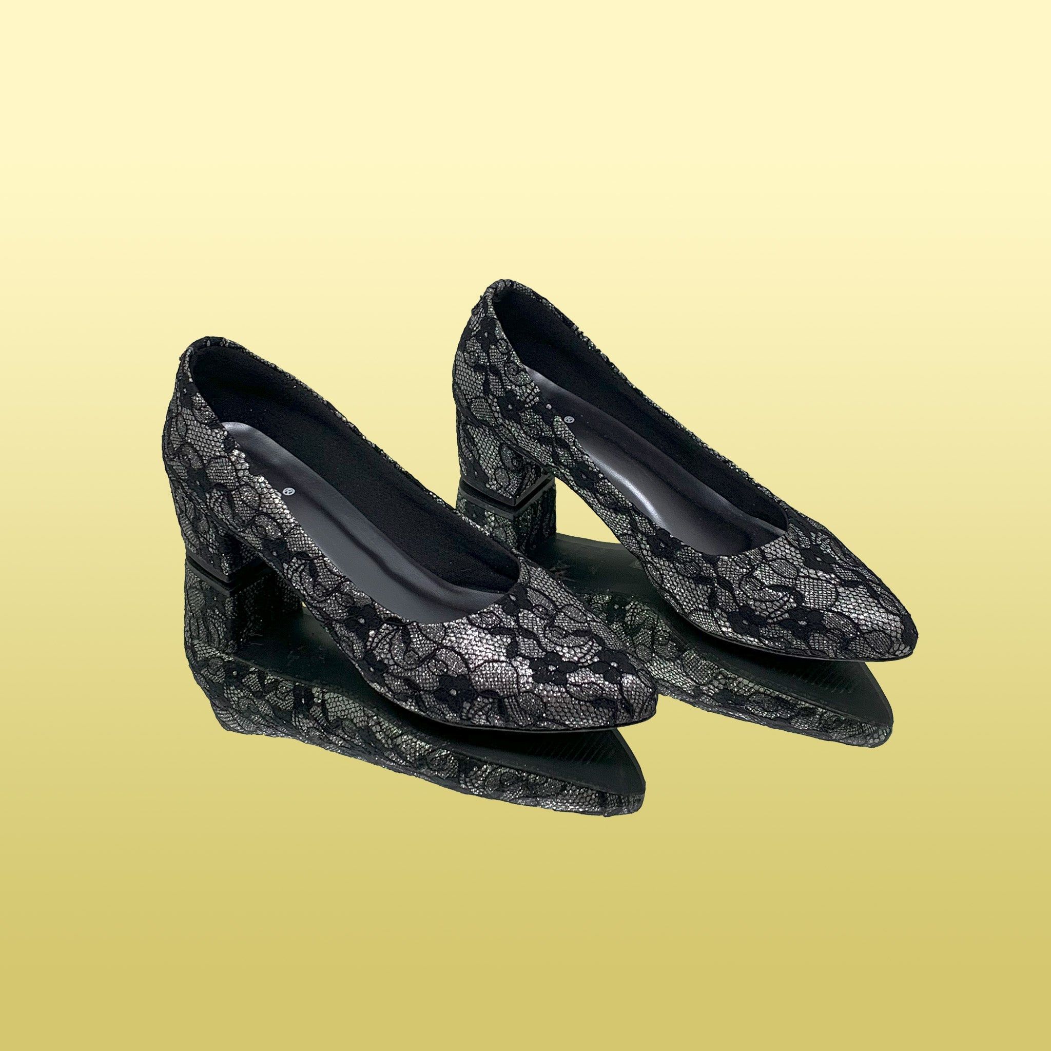 Black Lace Block Heels-Black / 36