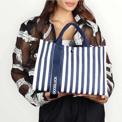 Striped Canvas Tote Blue-Blue