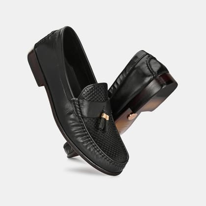 Black Perforated Tassel Loafers by Lafattio-11