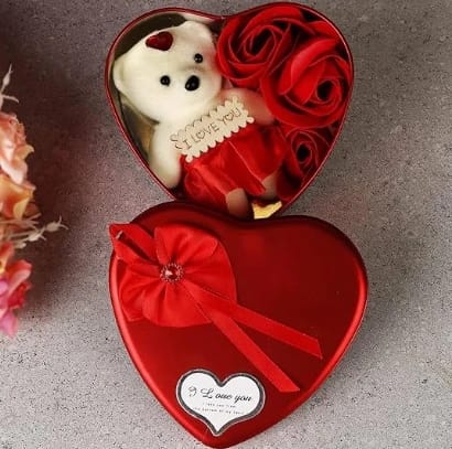 BREEPREE Heart Shape Box with Teddy and Red Rose Flowers Combo - Birthday Wedding for Girlfriend Boyfriend Husband Wife Men Women Girls Boys Him Her - Metal