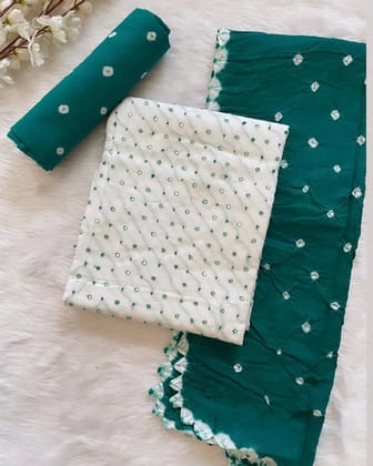 Soft Cotton Mirror Thread Work Bandhani Salwar Material (Unstitched)-Cyan
