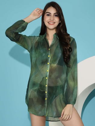 Green Abstract Printed Georgette Swimwear Cover Up Shirt-s