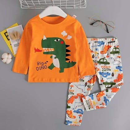 Orange Dino nightsuit set-3-4Y