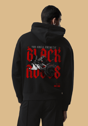 Black Rose Red Printed Black Hoodie By Offmint-S