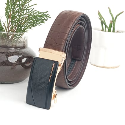 Hemener Men Metal Auto Grip Buckle Brown Croc Pattern Genuine Leather Belt-28