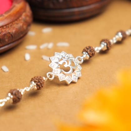 Silver Rakhi with Om in a Concave Sphere and Single Line Rudraksha