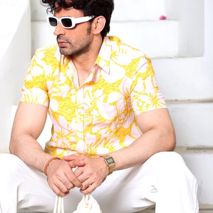 Hibiscus Pineapple Yellow Casual Pure Linen Half shirt (Size - S) by BLUE EAGLE