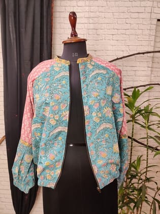 Green Pink Floral Hand Block Printed Unisex Bomber Jacket-One size