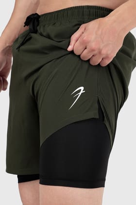 2 in 1 Compression Shorts Olive-S