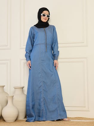 Nabia Women Blue Solid Cuffed Sleeves Denim Abaya With Black Georgette Hijab-XS / 54