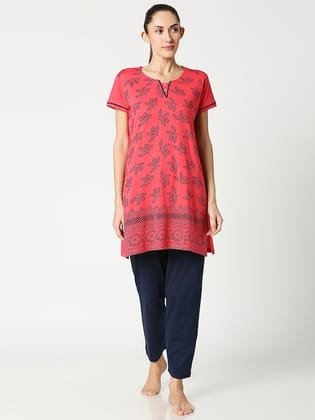 Women Red & Navy Blue Printed Night suit