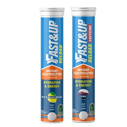 FastUp Reload electrolyte energy and hydration - 20 effervescent tabs - Lime and Lemon flavour and FastUp Reload electrolyte energy and hydration - 20 effervescent tabs - Cola flavour-Fast&Up Rel