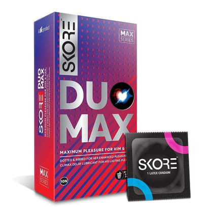 Skore Duo Max Condoms: Premium, long-lasting, with disposal pouches. Suitable with lubes & toys. 1 pack, 10 pieces.-Skore Duo Max Condoms for Him & Her, Long Lasting Climax Delay, Includes Dispos