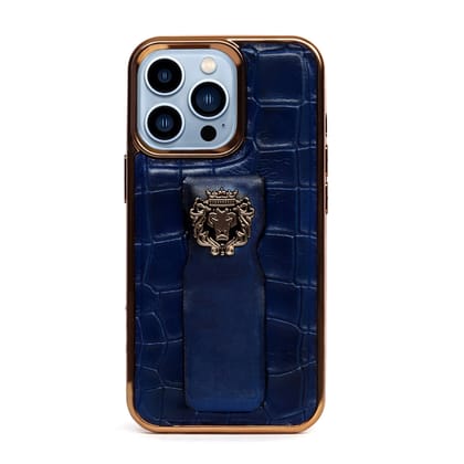 IPhone Series Blue Mobile Cover Golden Rim Finger strap cum Stand Croco Textured Leather with Metal Lion Logo by Brune & Bareskin-15Pro