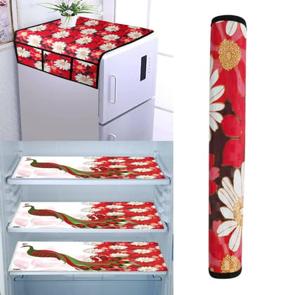 WISHLAND Double Door Fridge Cover Combo Set of 1 Fridge Cover + 1 Fridge Handle Cover + 3 Multipurpose Fridge Mats (Red)