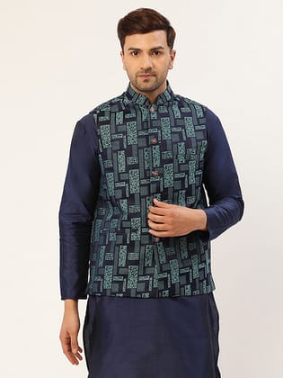 Men's Blue Woven Design Nehru Jacket-S / Blue