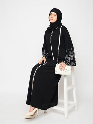 Nabia Women Black Solid Luxury Abaya Burqa With Hand Work Detailing-XS / 56