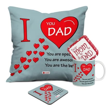 Indigifts Father Day Cushion with Filler (12x12 inches), Ceramic Mug 330 ml and Coaster (3.5x3.5 inches) - Gifts for Father, Gifts for Grand Father, Birthday Gifts