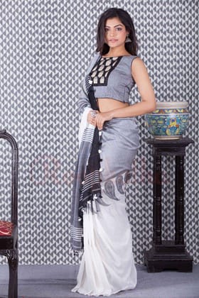 White and Grey Colored Party wear Linen Digital Printed Sari 1490