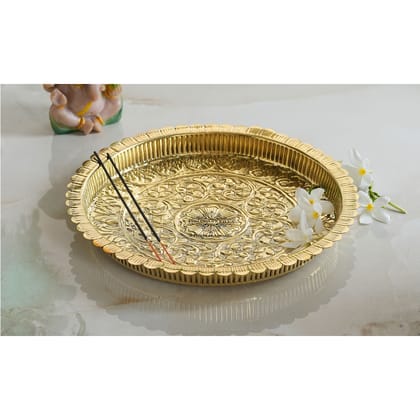 IndianArtVilla Handmade Pure Brass Flower Design Pooja Thali - 30.48 cm Dia. Spiritual Item