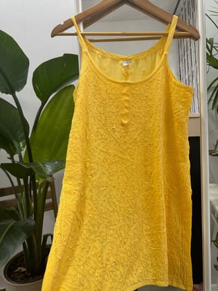 Chikankari Noodle Strap short Top in Yellow-Yellow / Georgette / M