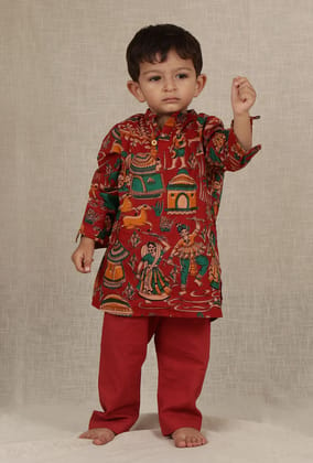 Set Of 2: Laksh Red Kalamkari Printed Cotton Kurta & Maroon Red Pyjama-0-3M