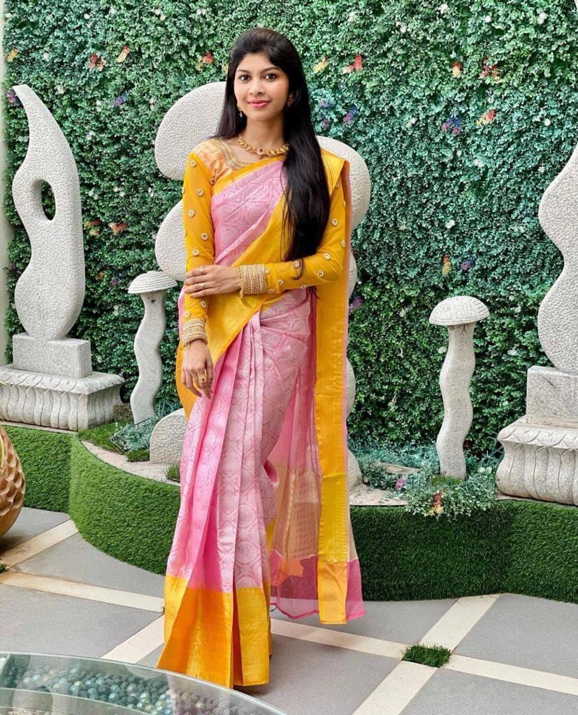 Designer Peach color Beautiful soft silk saree for Indian wedding wear saree partywear saree Soft Silk saree Gift saree Bridesmaid Saree