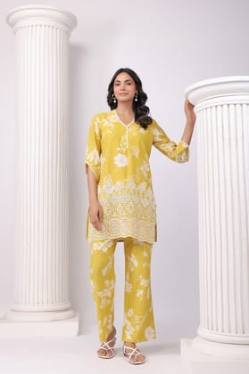 Golden Bloom Yellow Schiffli Cotton Co-ord Set-XL