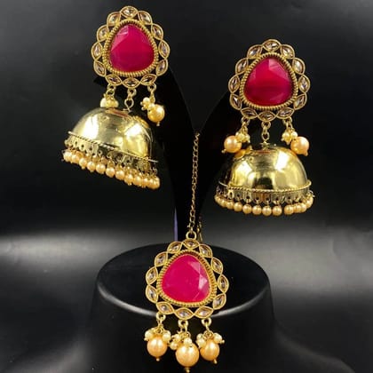 ZEVAR I Red Jhumki Earrings With Maang Tika/Indian Traditional Handmade Jhumki Earrings/Gold Plated Earrings