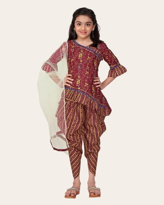 Floral Cotton Printed Peplum Stylish Top and Dhoti Dupatta Set for Girls-Maroon / 4 - 5 Years