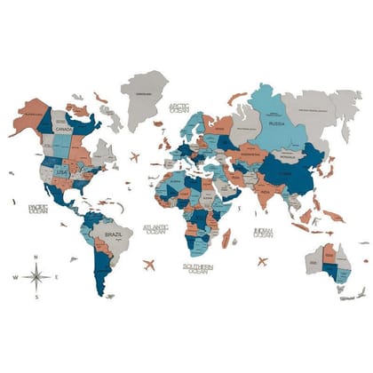 3D Colored Wooden World Map Arctic Sunrise Prime-Multicolor