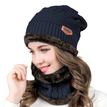 UK-0057 Soft  Woolen Beanie Cap Plus Muffler Scarf Set for Men Women Girl Boy - Warm, Snow Proof