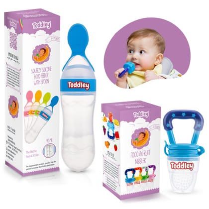 Toddley 2-Piece Baby Care Combo - Silicone Spoon Feeder, Food & Fruit Nibbler for 6+ Months (Blue)