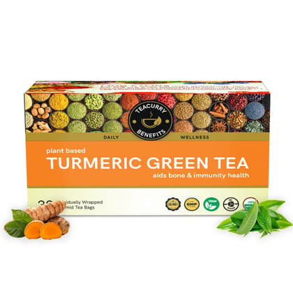 TEACURRY Turmeric Green Tea (1 Month Pack, 30 Tea Bags)- Helps with Joint Pain, Ulcer, Heart, Immunity