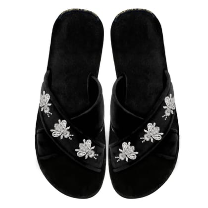 Women's Black Velvet Honey Bee Silver Zardosi Embroidery Cross Strap Slippers By Brune & Bareskin-36/3