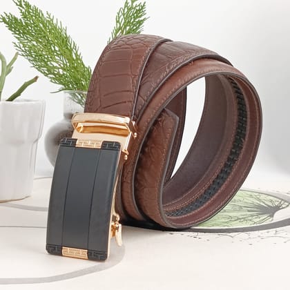 Hemener Men Metal Auto Grip Buckle Brown Croc Pattern Genuine Leather Belt-28